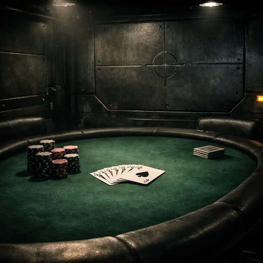 Dimly lit professional poker table with real cards and clay chips inside the Card Lounge