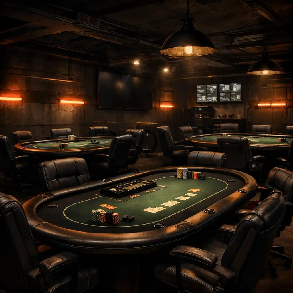 Interior of the Card Copse card lounge with professional poker tables and tactical lighting
