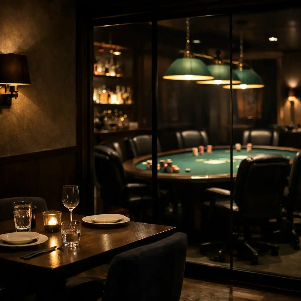 Dimly lit restaurant dining area adjacent to the Card Copse poker room