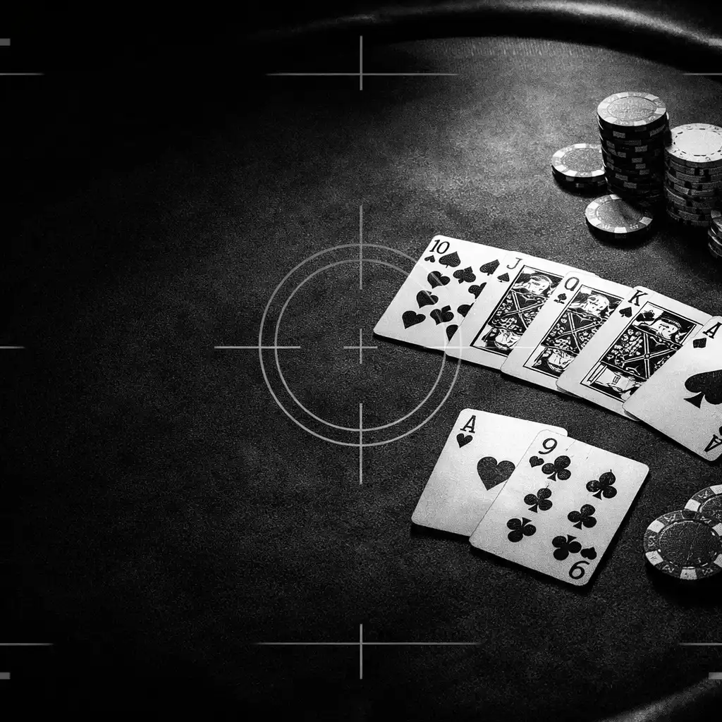 Monochrome professional poker table with real cards and chips under tactical lighting