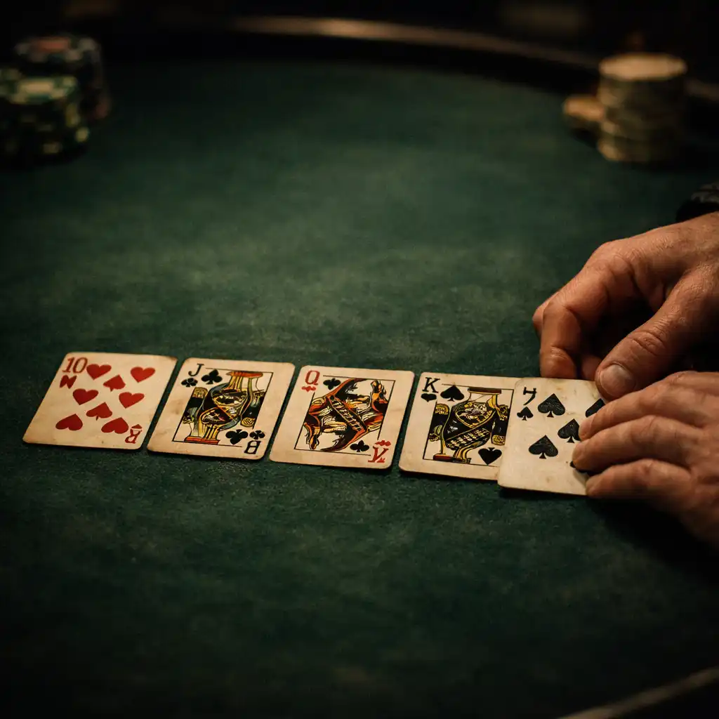 Close-up of a professional poker table with real cards in the dimly lit Card Copse poker room