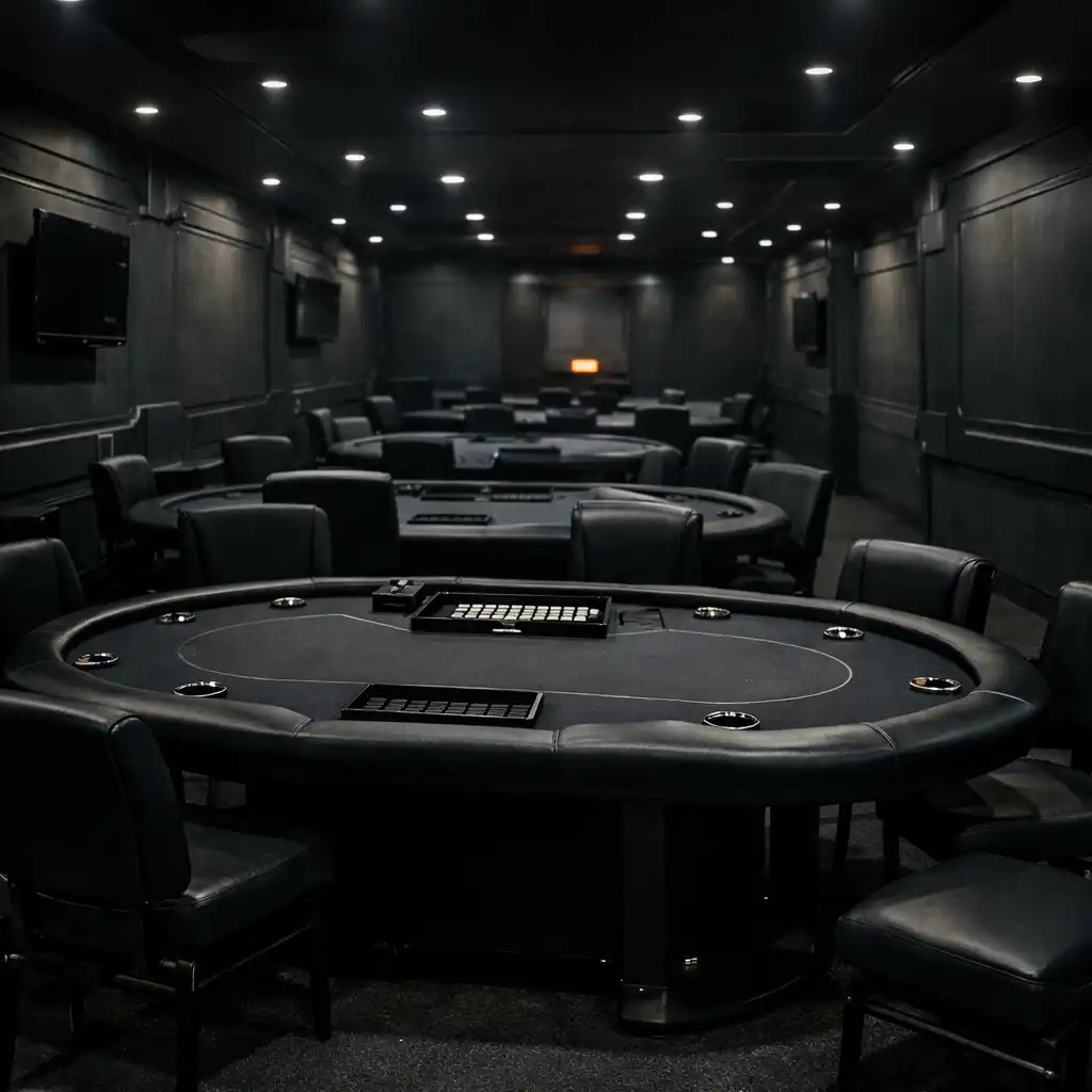 Poker room at Card Copse Coffs Harbour with multiple professional tables in a dim, controlled environment