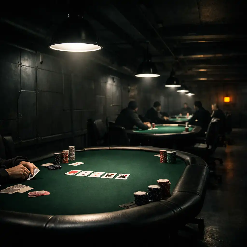 Dimly lit poker room with professional tables and focused overhead lighting