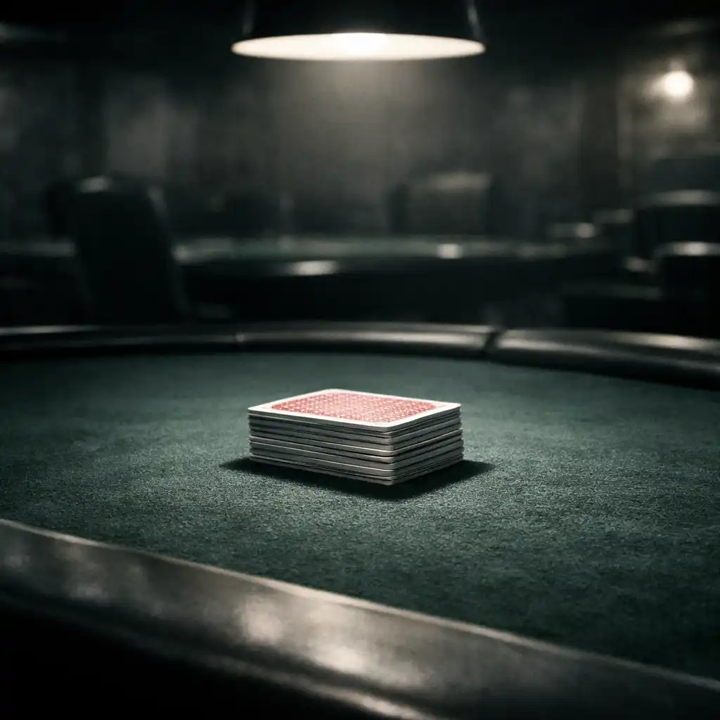 Professional poker table with real cards in the dim card room