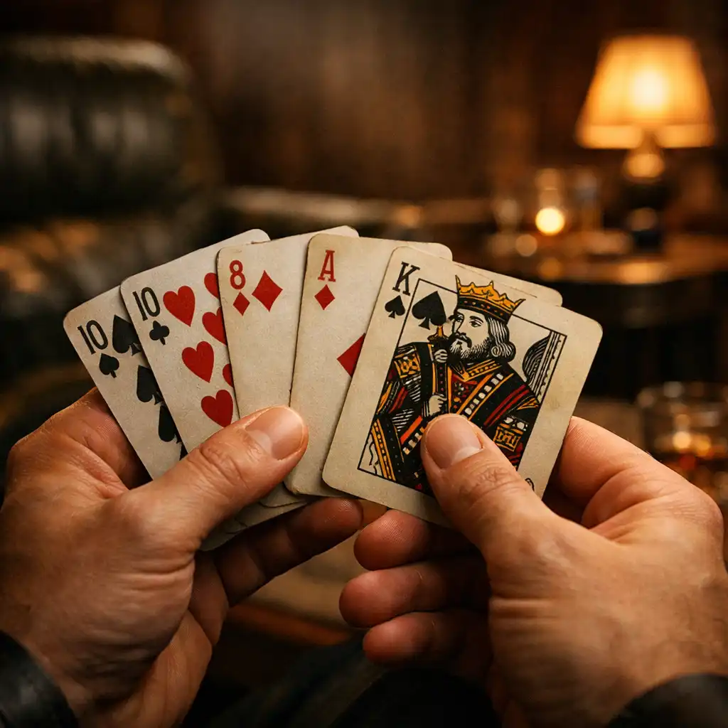 Hands holding real playing cards in a relaxed card lounge setting with warm lighting