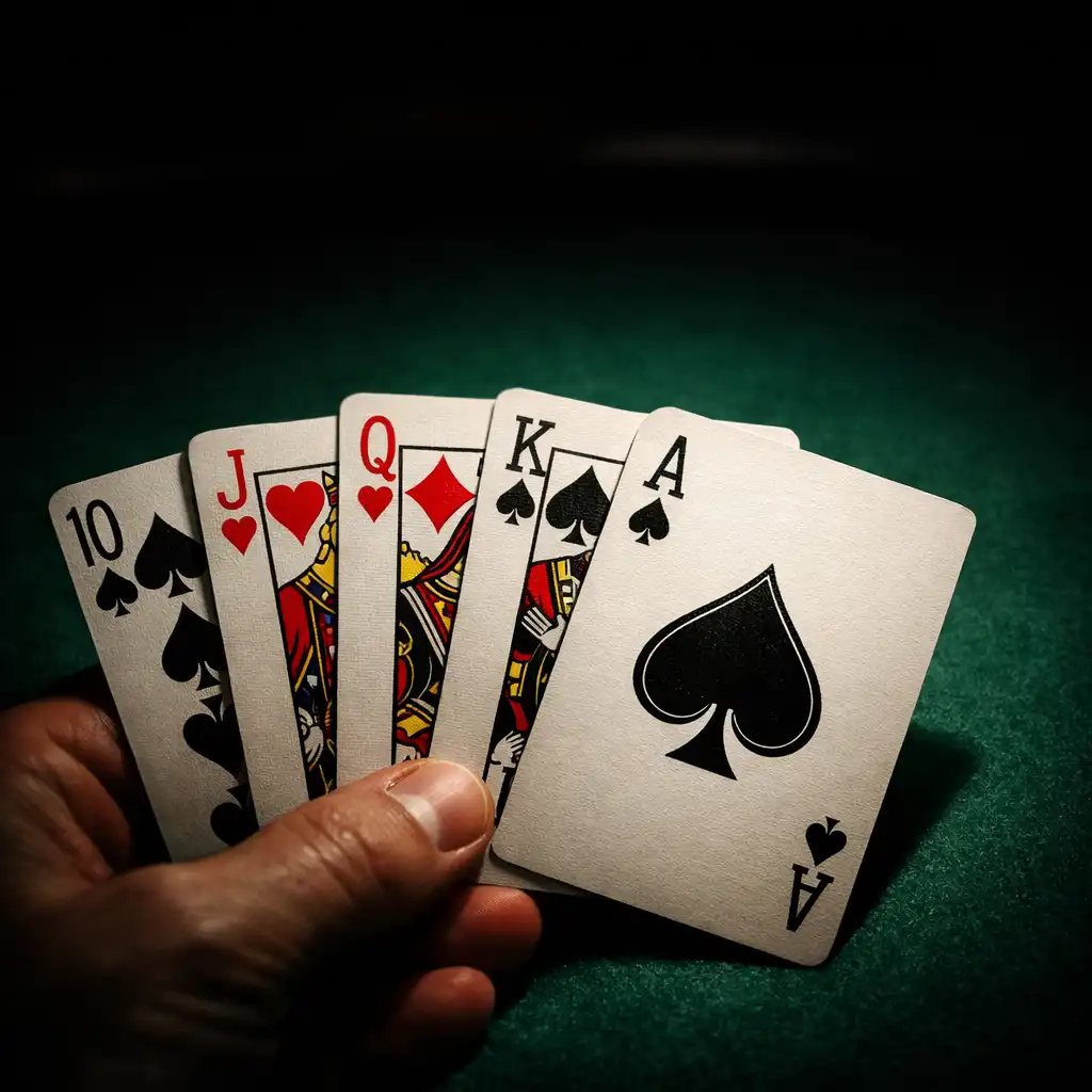 Close-up of real playing cards arranged on a professional poker table