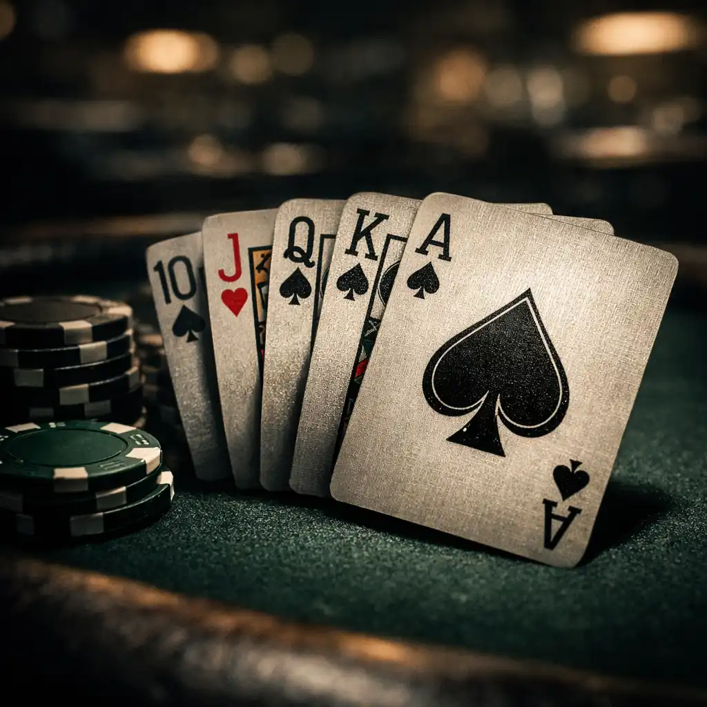 Close-up of real playing cards fanned on a professional poker table in the dimly lit poker room